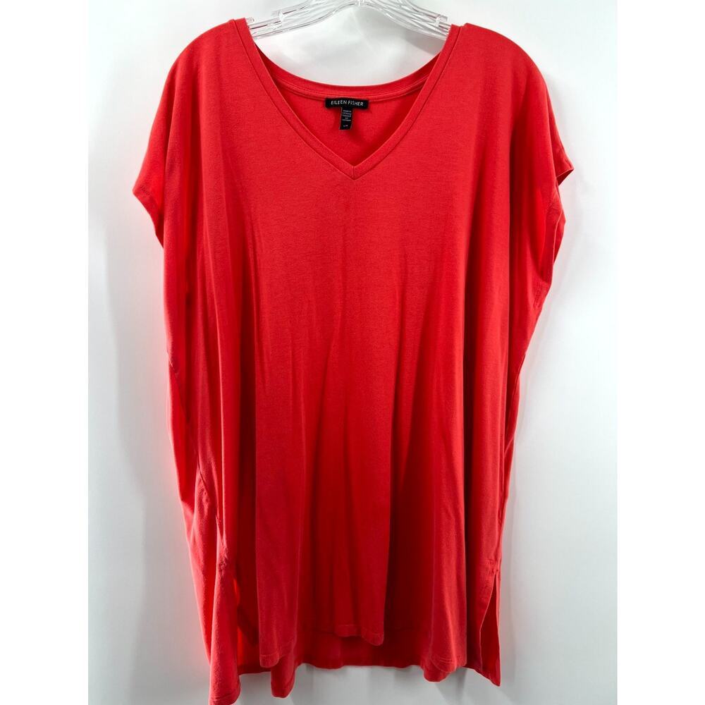 Eileen Fisher Women's Red Stretch Short Cap Sleeve V-Neck Tee Shirts Size Large